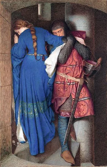 Frederic William Burton, La Rencontre dans l'escalier de la tourelle, 1864, aquarelle et gouache sur toile, Galerie nationale d'Irlande, Dublin.