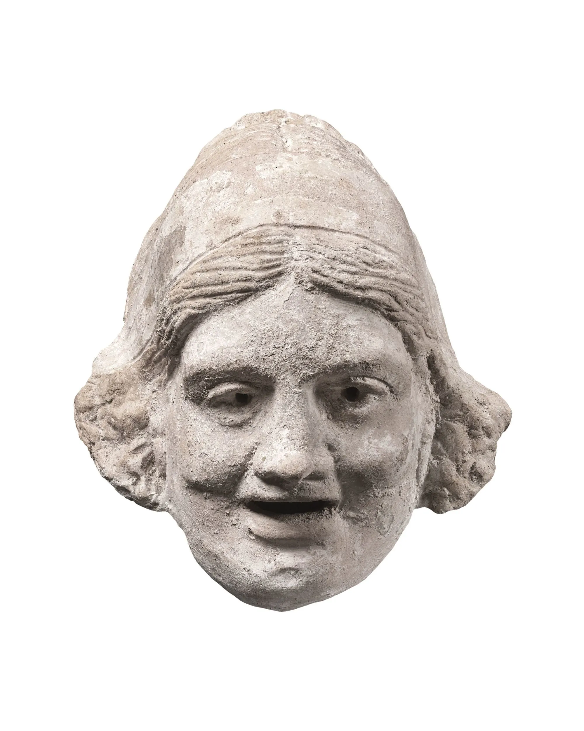 Masque d'une courtisane pour la comédie dans la Grèce antique, IIe siècle av. J.-C., Museum of Fine art, Boston.