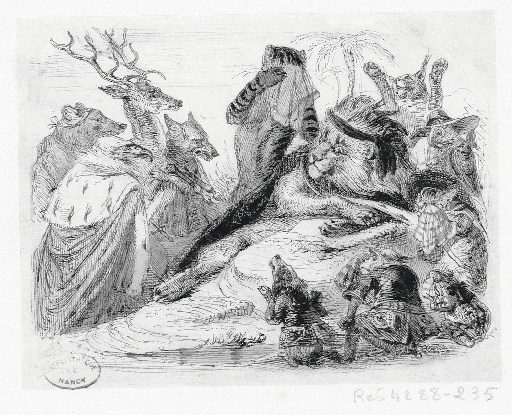 Jean-Jacques Grandville, Les Obsèques de la lionne, 1837 - 1838, gravure, Bibliothèque municipale de Nancy.