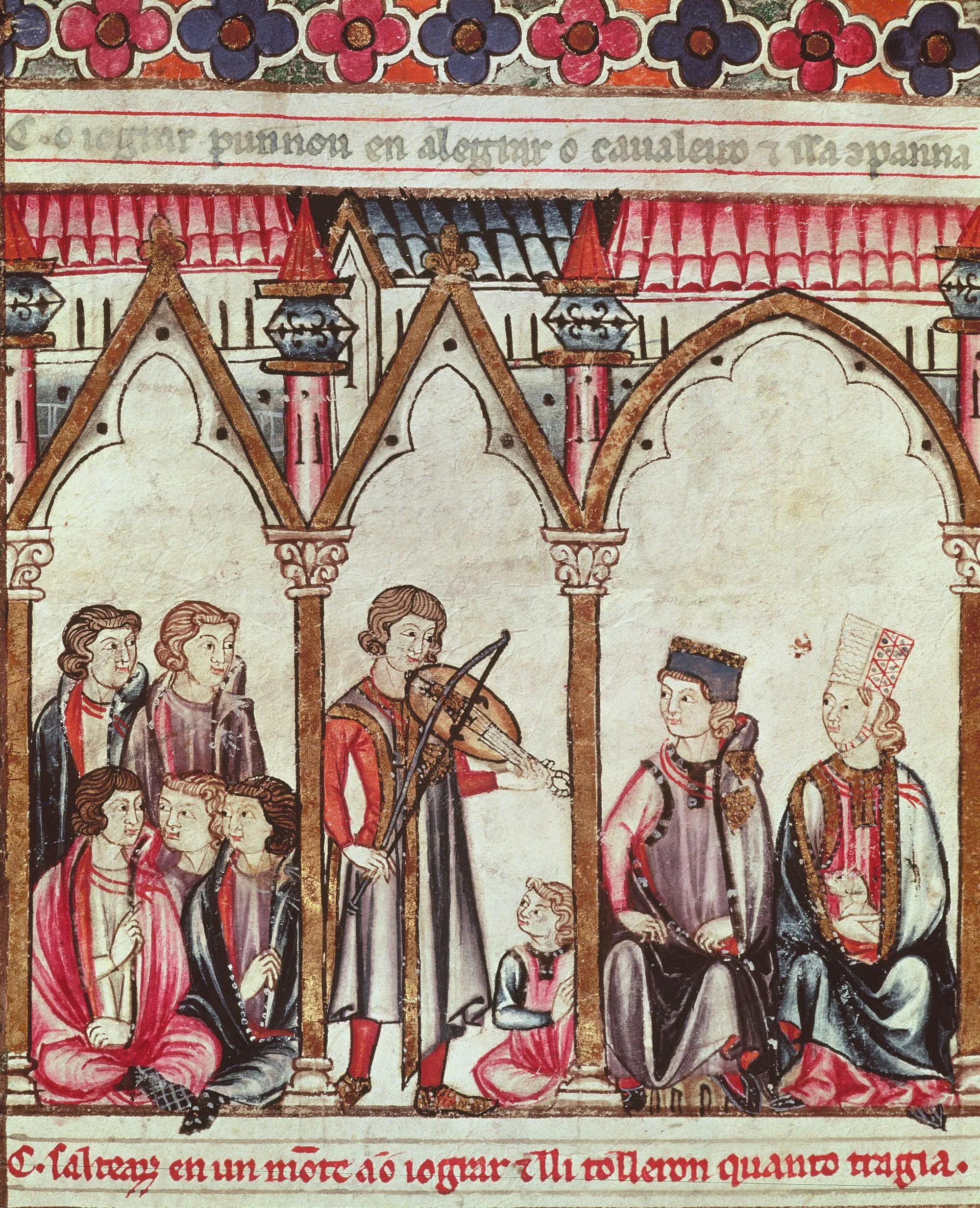 Groupe de troubadours, Cantiques de Sainte Marie, XIIIe siècle, enluminure.