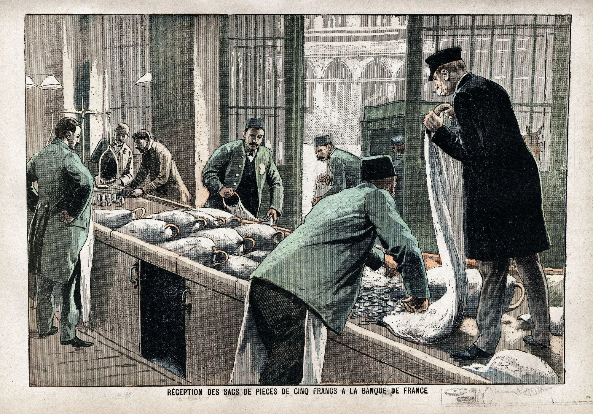 La réception des sacs de pièces de 5 francs à la Banque de France, 1900.