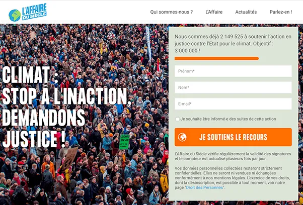 Capture d'écran du site l'affairedusiecle.net, qui héberge la pétition, 4 janvier 2019.