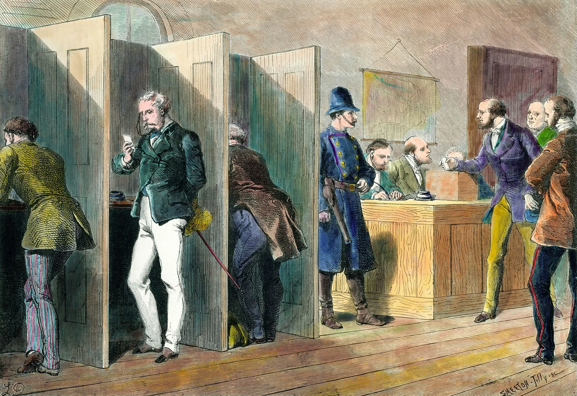 Intérieur d'un bureau de vote lors des élections en Angleterre avec représentation des isoloirs, gravure du XIXe siècle.
