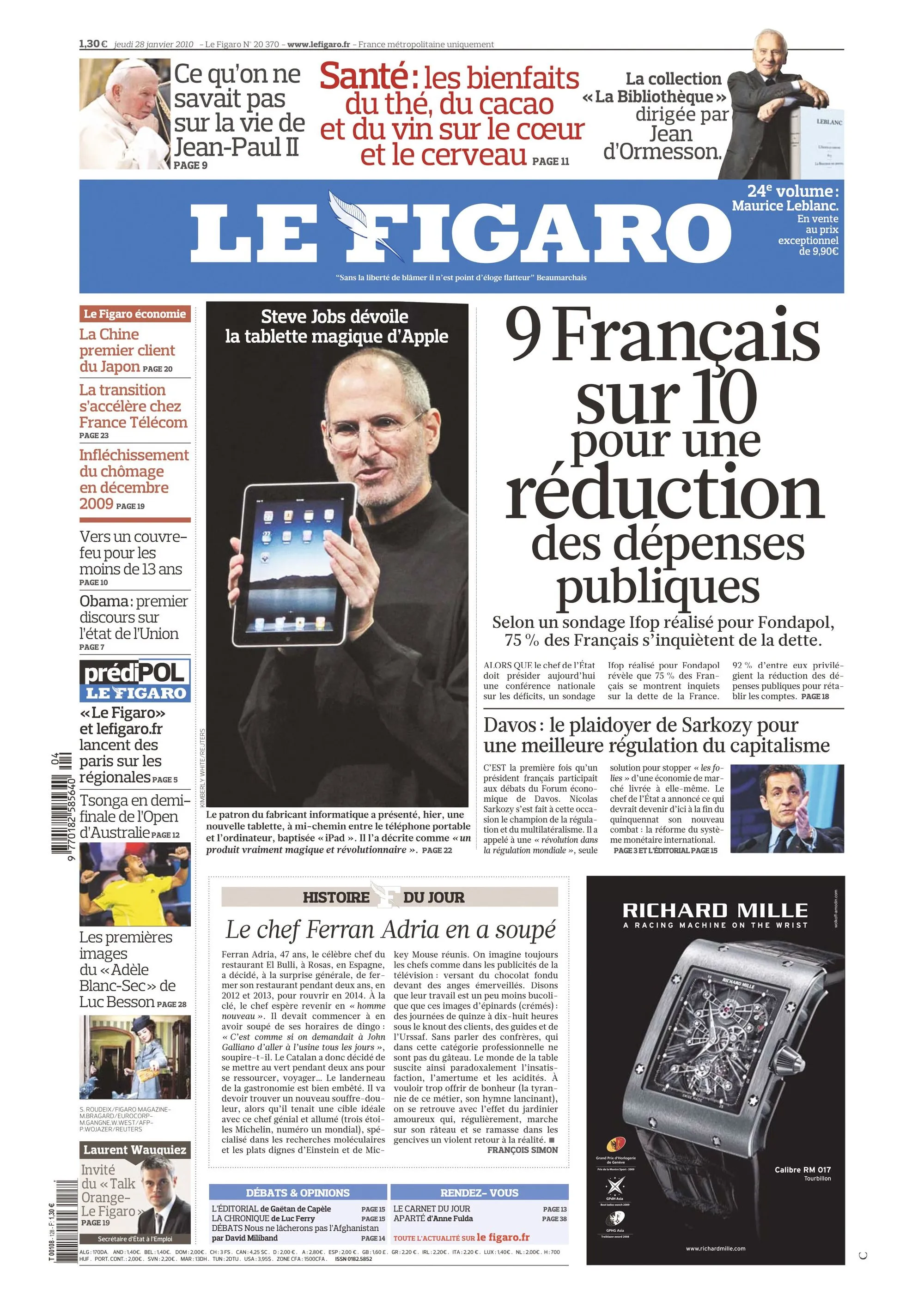 Une du journal Le Figaro du 28 janvier 2010.