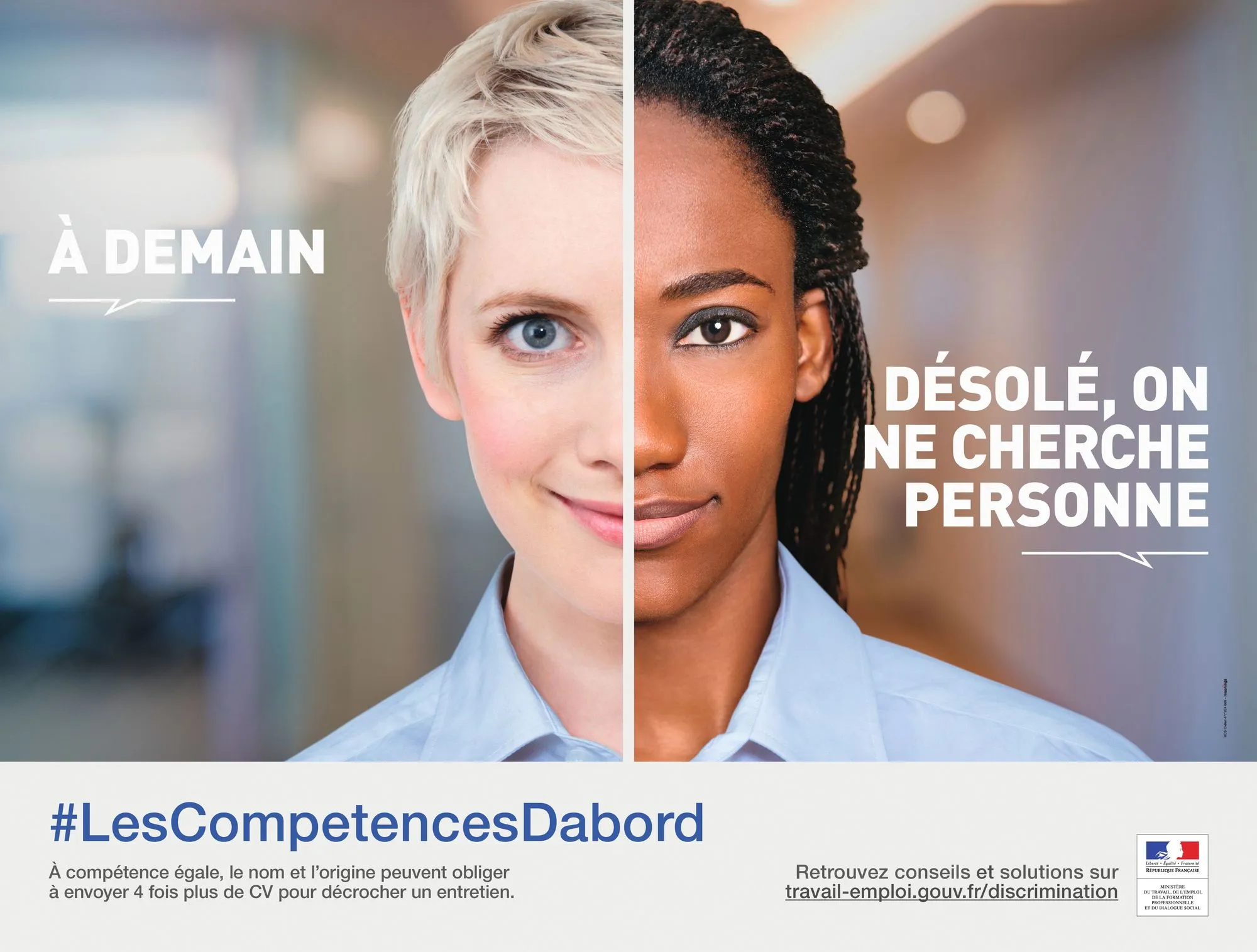 Campagne d'affichage du ministère du Travail, de l'Emploi, de la Formation professionnelle et du Dialogue social, « #LesCompetencesDabord », avril 2016.