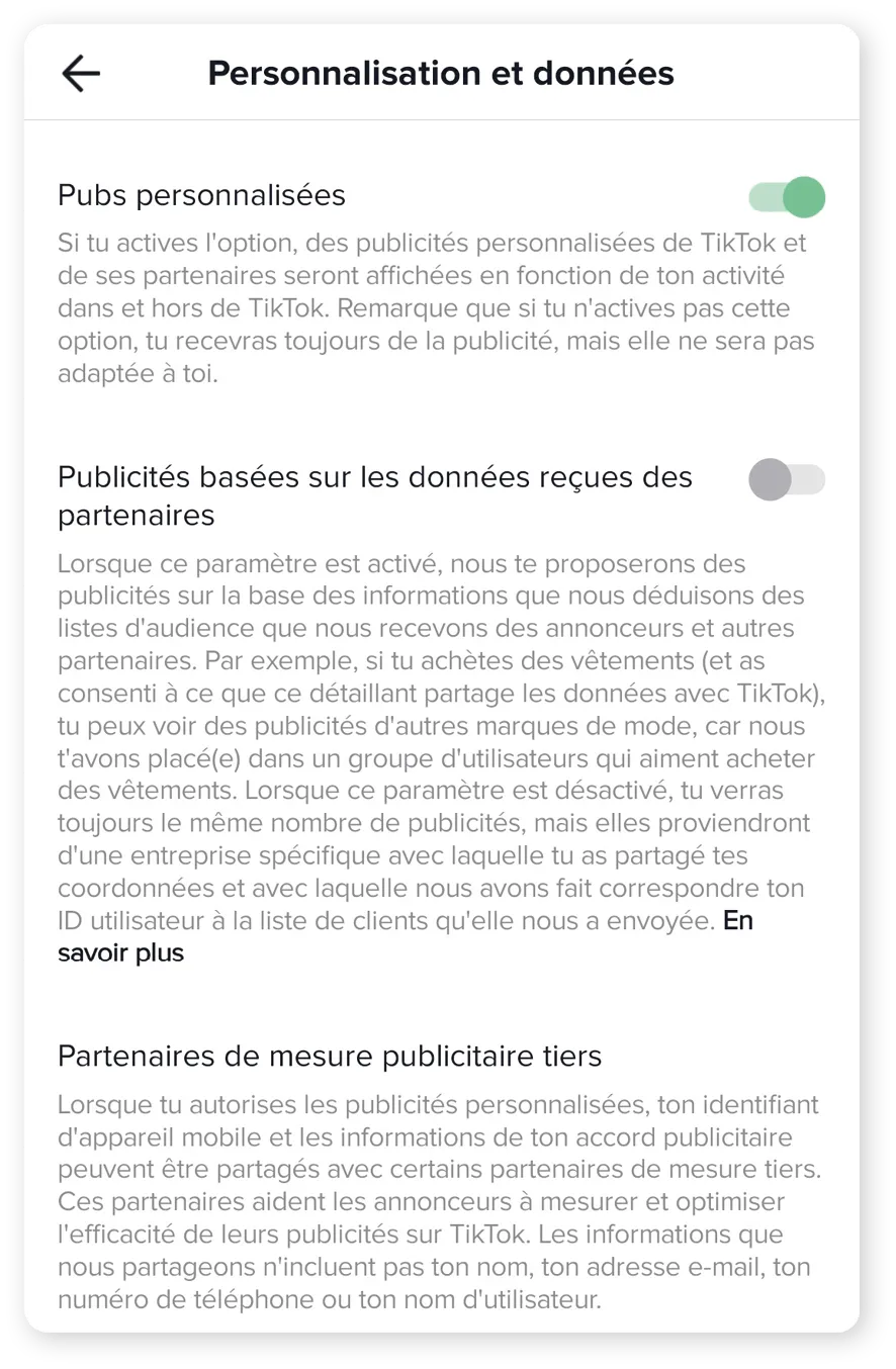 Paramétrage de la confidentialité
des données personnelles sur
TikTok