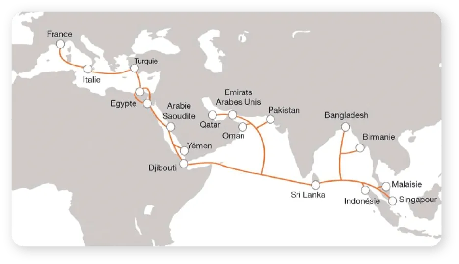 Carte de la liaison entre la Seyne-sur-Mer et Singapour