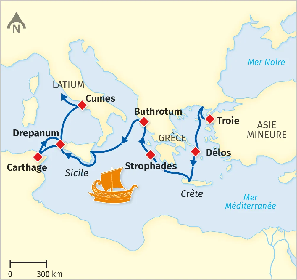 Énée, en armure, fuit la ville de Troie
en portant son vieux père, Anchise,
sur ses épaules et en tenant son fils,
Ascagne, par la main