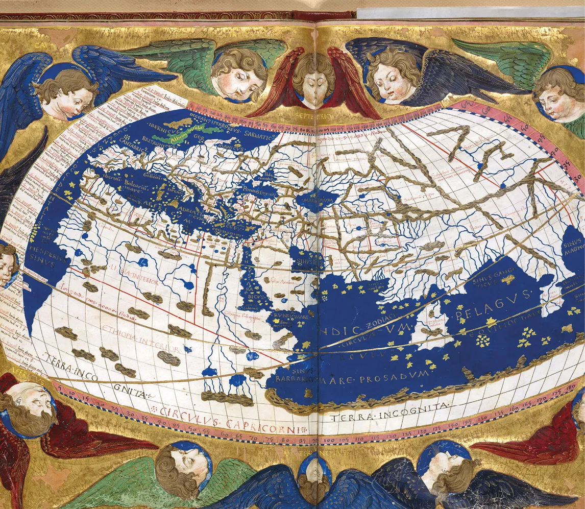 Nicolaus Germanus, Mappemonde en projection conique, v. 1460-1470, illustration extraite de Cosmographia de Claude Ptolémée, 43 x 63 cm, BnF, Paris.