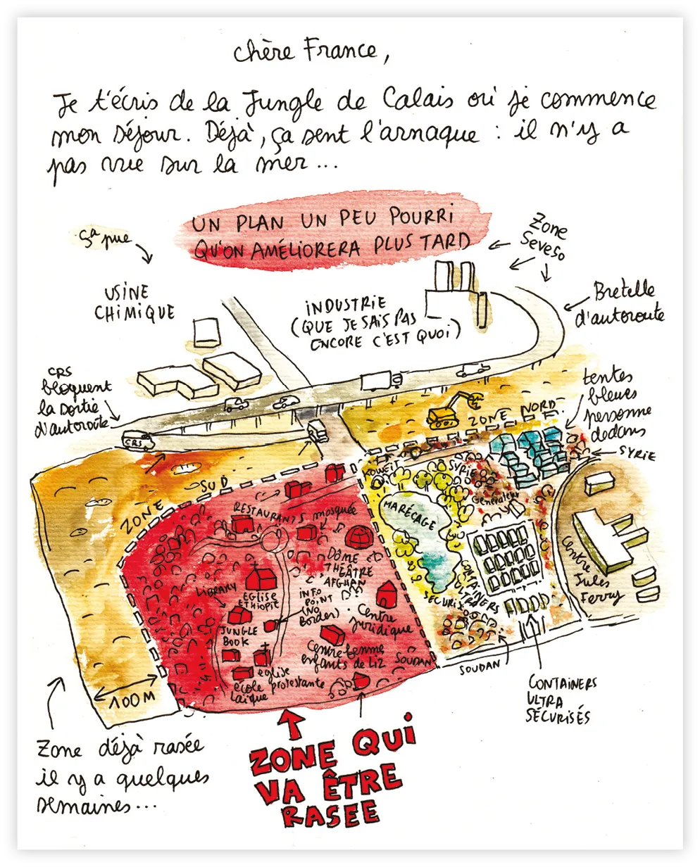 Extrait des Nouvelles de la jungle de Calais, Yasmine
Bouagga et Lisa Mandel