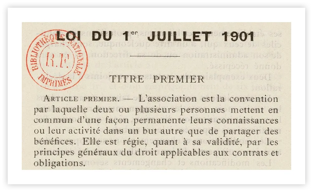 Première page de la loi relative au contrat d'association, adoptée le 1er juillet 1901.