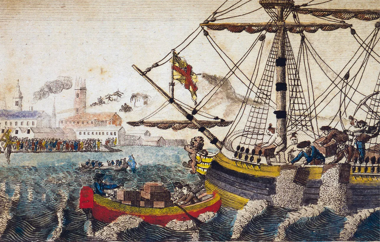 Boston Tea Party, illustration extraite de
The History of North America de W. D. Cooper, 1789.