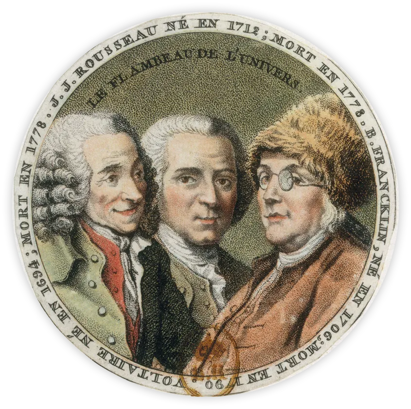 Médaillon représentant Voltaire, Rousseau et Franklin, XVIIIe siècle, estampe en couleurs, BnF, Paris.