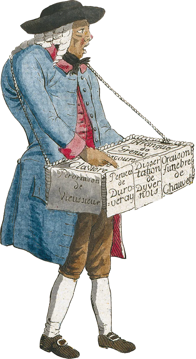 Le Colporteur genevois, vignette d'un tract politique,
1782, eau‑forte aquarellée, bibliothèque centrale de Zurich.