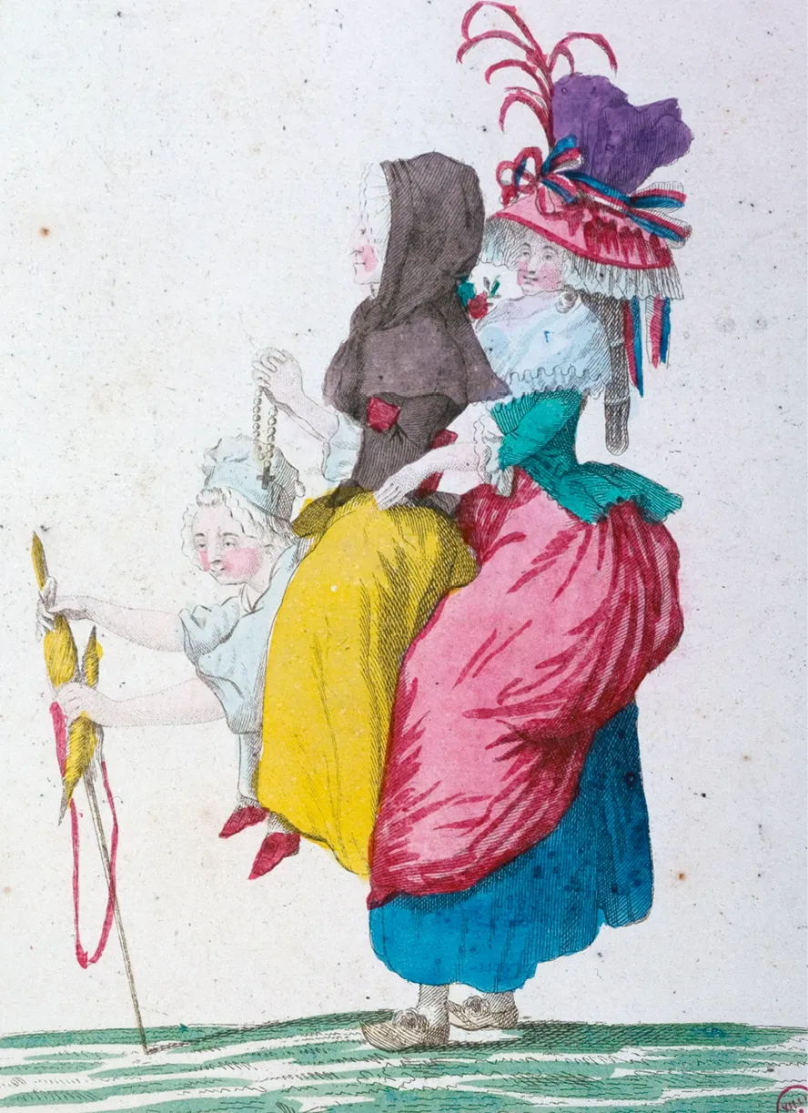 Caricature sur les trois ordres en femmes : le tiers état portant sur son dos le clergé et la noblesse, 1789, estampe coloriée, musée Carnavalet, Paris.