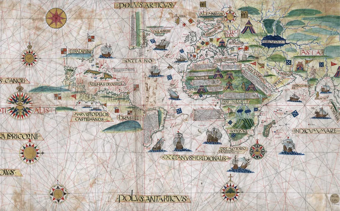 Carte du monde attribuée à Jorge Reinel, 1519, manuscrit enluminé sur parchemin, 65 × 124 cm, BnF, Paris.