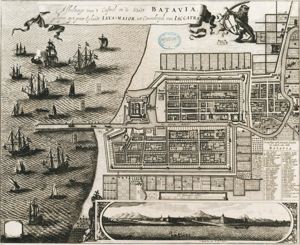 Reinier et Josua Ottens, Plan et vue de Batavia, v. 1740, gravure sur cuivre, 49,5 × 65 cm, BnF, Paris.