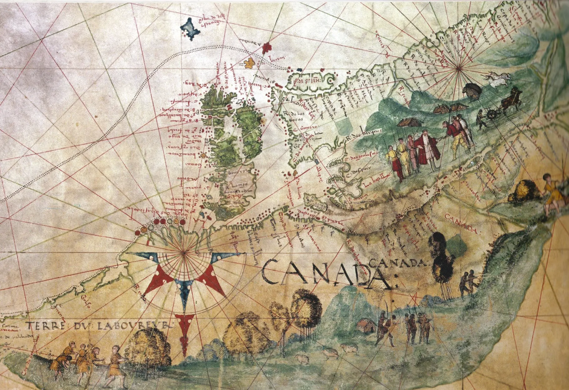 Carte du Canada établie à partir du journal de Jacques Cartier, v. 1452, École de Dieppe, France.