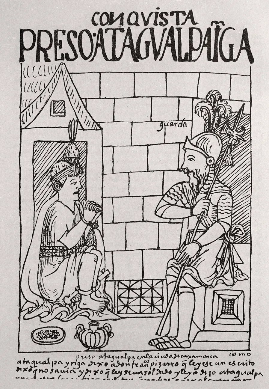 Felipe Guamán Poma de Ayala, Nueva crónica y buen gobierno. Atahualpa preso en Cajamarca, 1615, dessin, Bibliothèque nationale d'Espagne, Madrid.