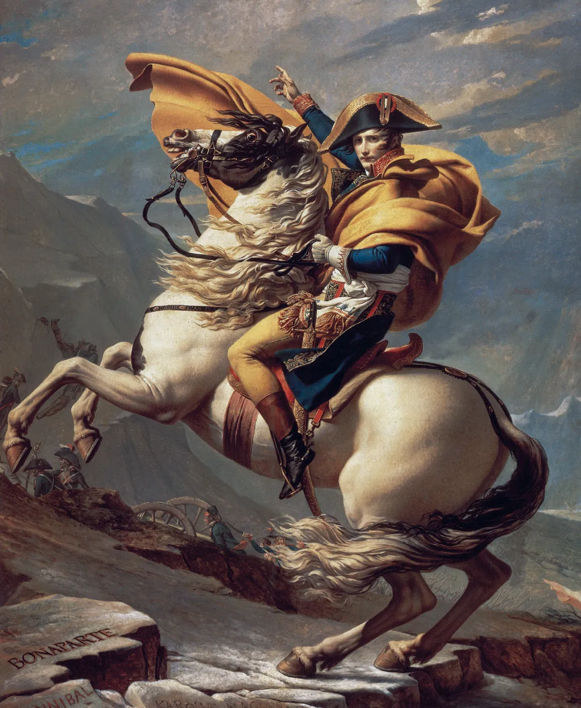 Tableau. Jacques-Louis David, Le Premier Consul franchissant les Alpes au col du Grand-Saint-Bernard, 1800, huile sur toile, 260 × 220 cm (château de Malmaison, France).