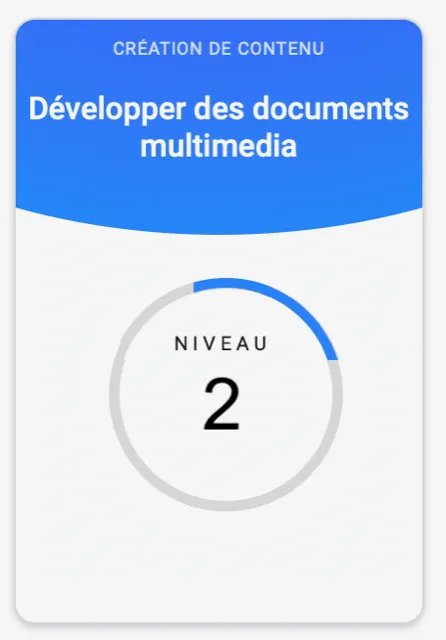 Infographie : jauge circulaire indiquant le niveau 2 sur 2 pour le développement de documents multimédia.