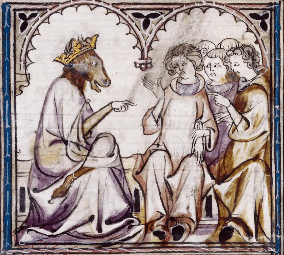 Maître de Fauvel, « Conseil présidé par Fauvel », Le Roman de Fauvel, Gervais du Bus et Raoul Chaillou de Pesstain, début XIVe siècle, enluminure