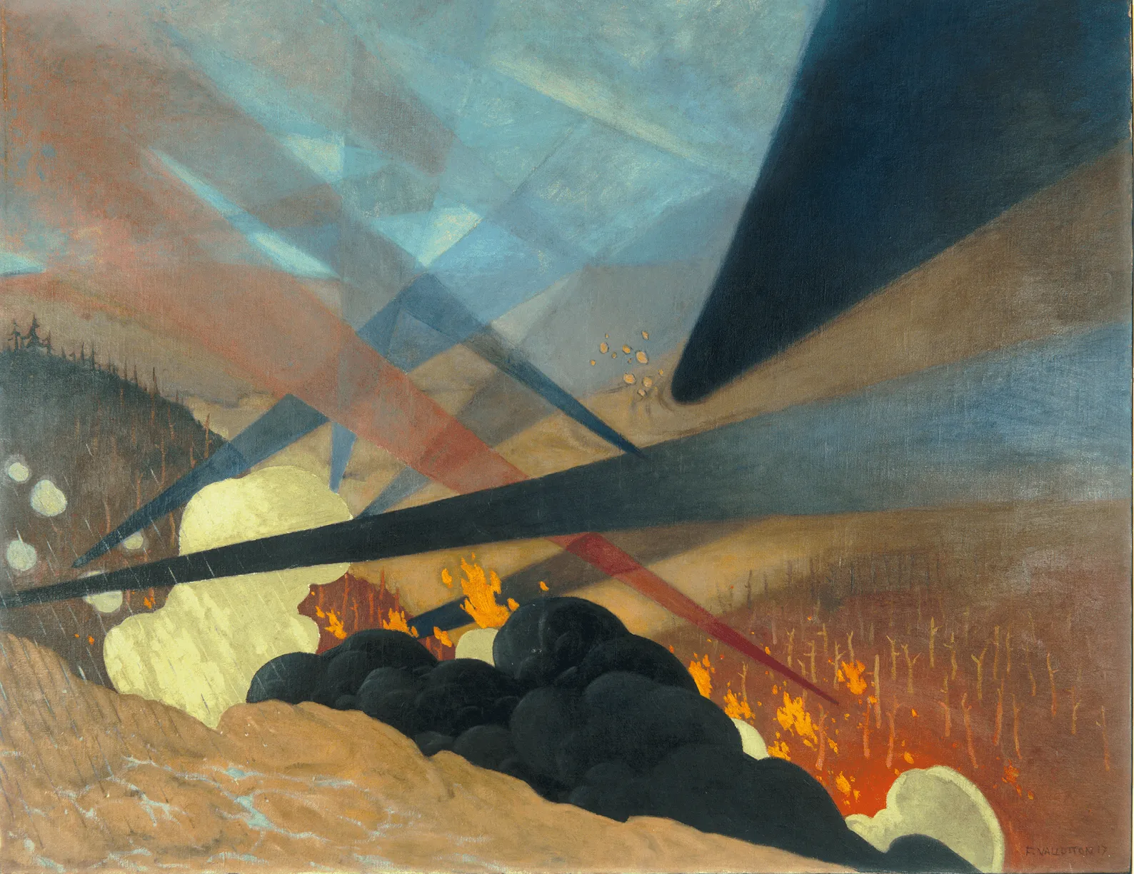 Félix Vallotton, Verdun. Tableau de guerre interprété, projections colorées noires, bleues et rouges, terrains dévastés, nuées de gaz