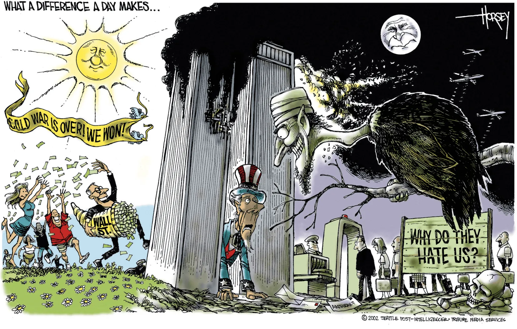 La différence faite en un seul jour, caricature parue sur le site Seattle PI, le 8 septembre 2011.