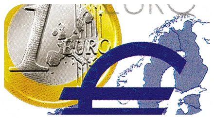 Image d'une pièce d'un euro et du symbole de l'euro sur une carte de l'Europe. Monnaie européenne.