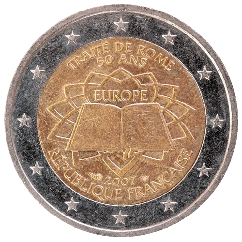 Pièce commémorative 2 euros française, 50ème anniversaire du Traité de Rome, livre ouvert, symbole de l'Europe.