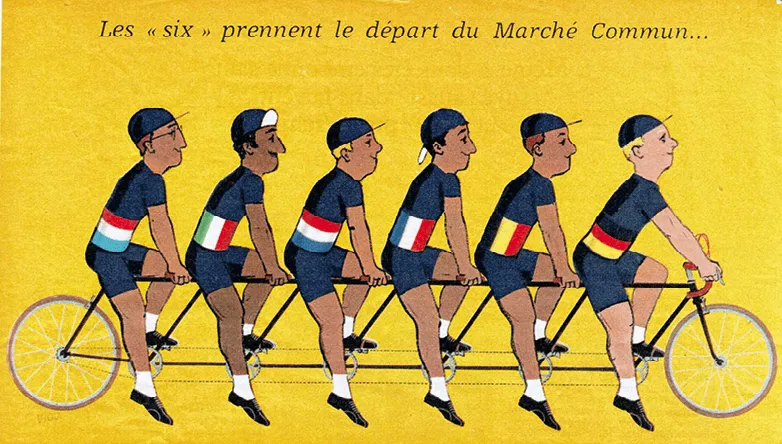 Affiche publicitaire vintage illustrant six cyclistes sur une bicyclette tandem, représentant les six pays fondateurs du Marché Commun européen.