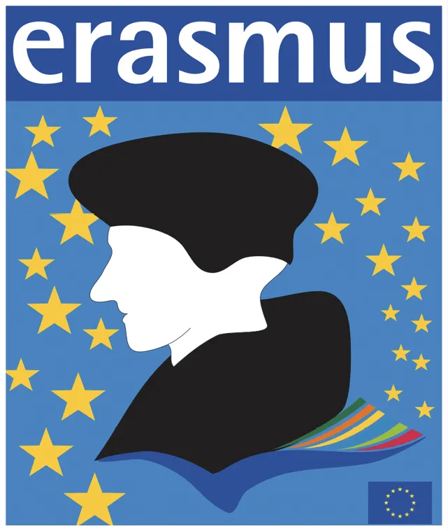 Illustration : portrait d'Erasme, humaniste européen, sur fond bleu étoilé. Programme Erasmus+.