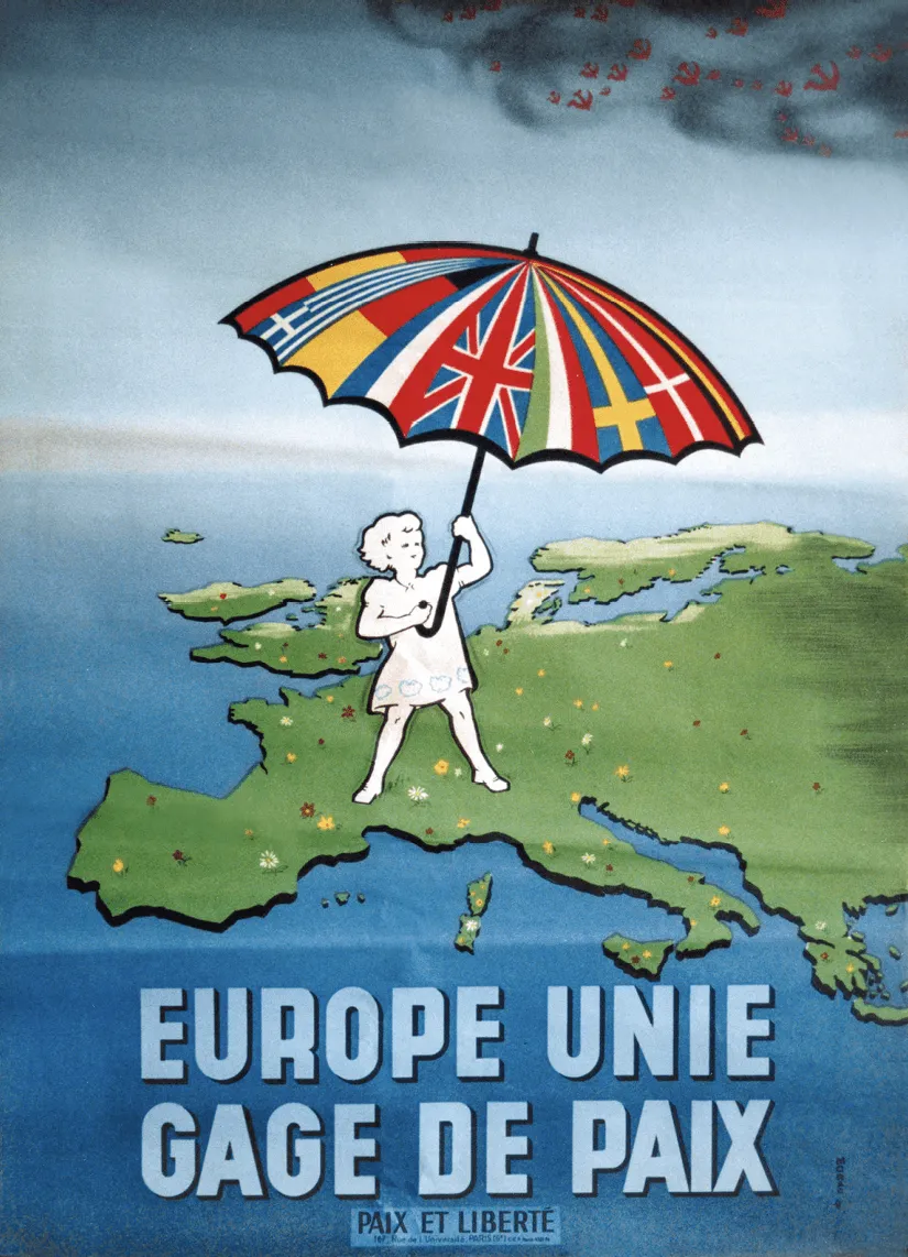 Affiche : une fillette tenant un parapluie aux couleurs des drapeaux européens au-dessus d'une carte de l'Europe. Symbole d'unité et de paix post-guerre.