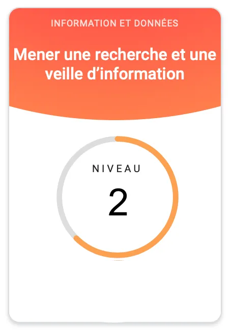 Graphique circulaire indiquant un niveau 2 en recherche et veille d'information.