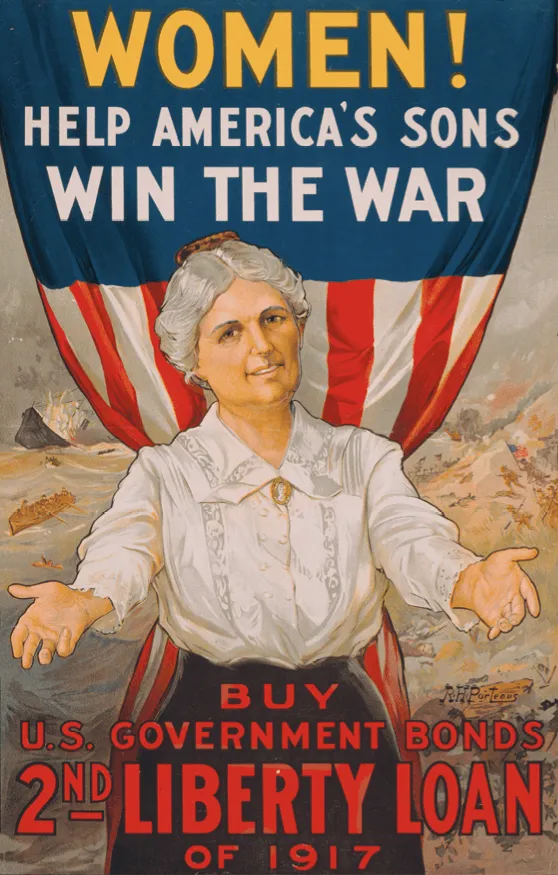 Affiche incitant au prêt d'argent (« Femmes ! Aidez les fils de l'Amérique à gagner la guerre ! Achetez les bons du 2e prêt de la Liberté »), États-Unis, 1917.