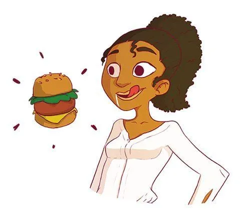 un fille qui regarde un burger avec un air interessé