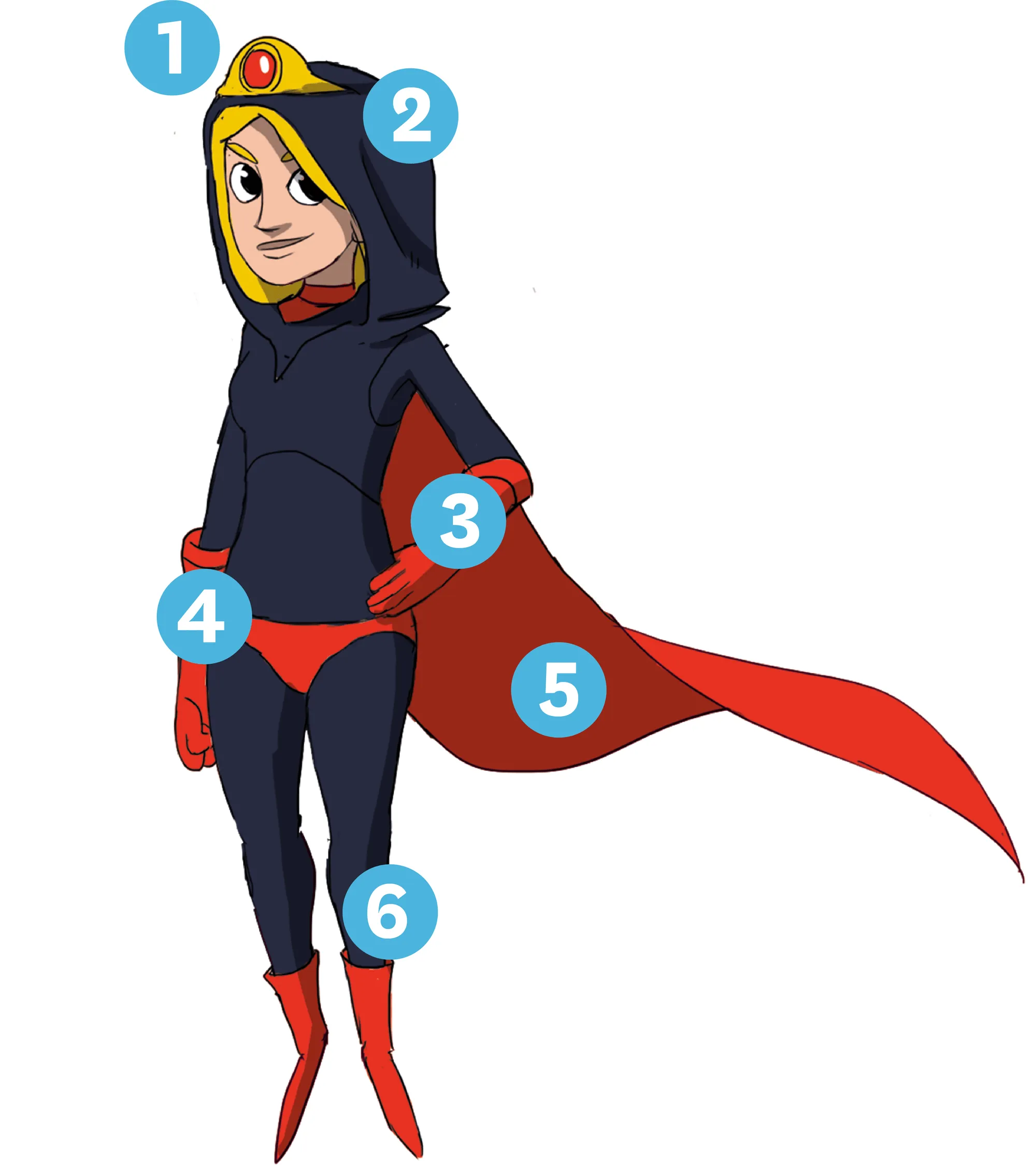 Dessin d'une super-héroïne dont le costume est composé d'une capuche, une tiare, une cape, des gants et d'un slip par dessus le costume