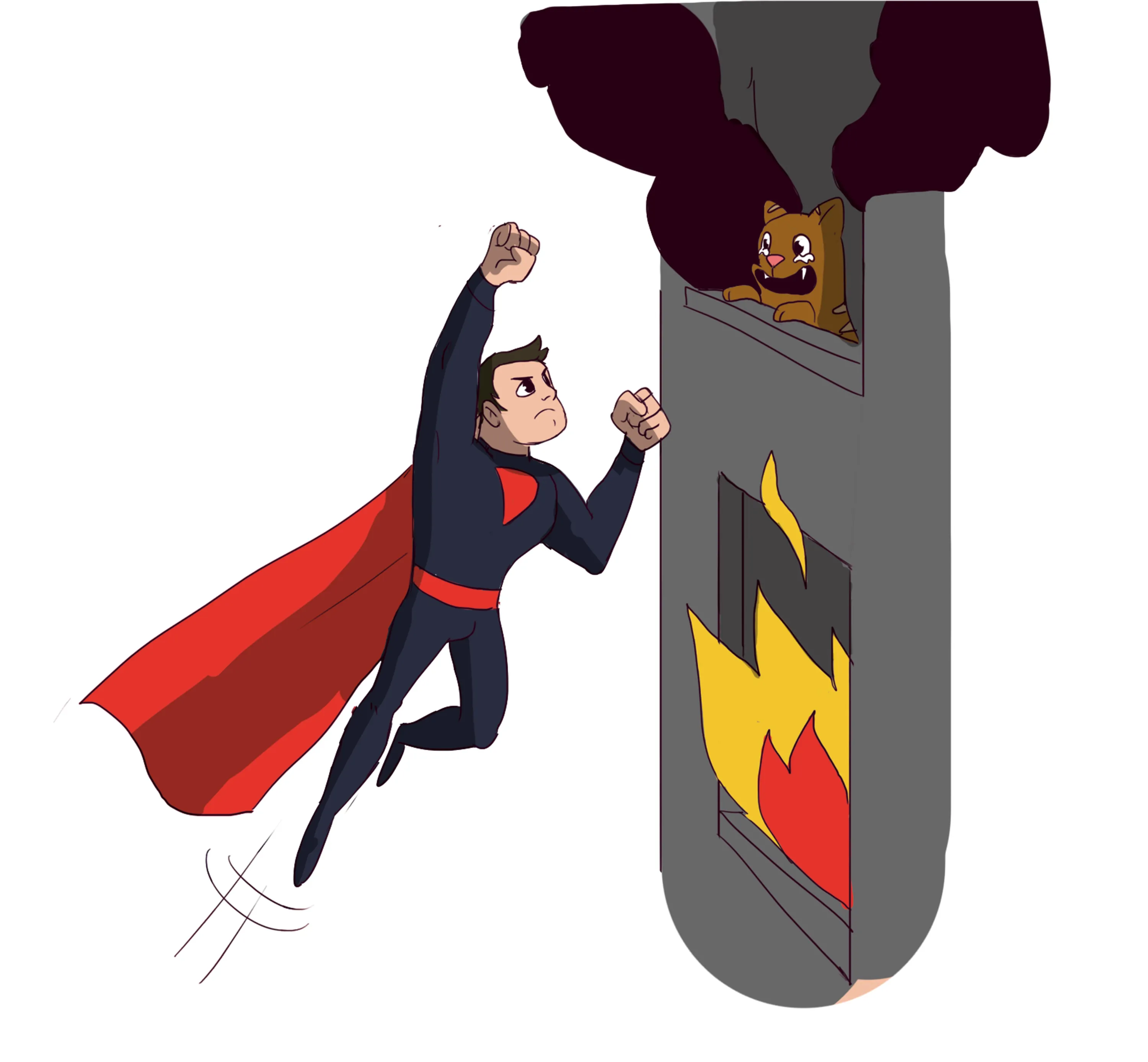 Dessin d'un super-héro secourant une personne dans un incendie