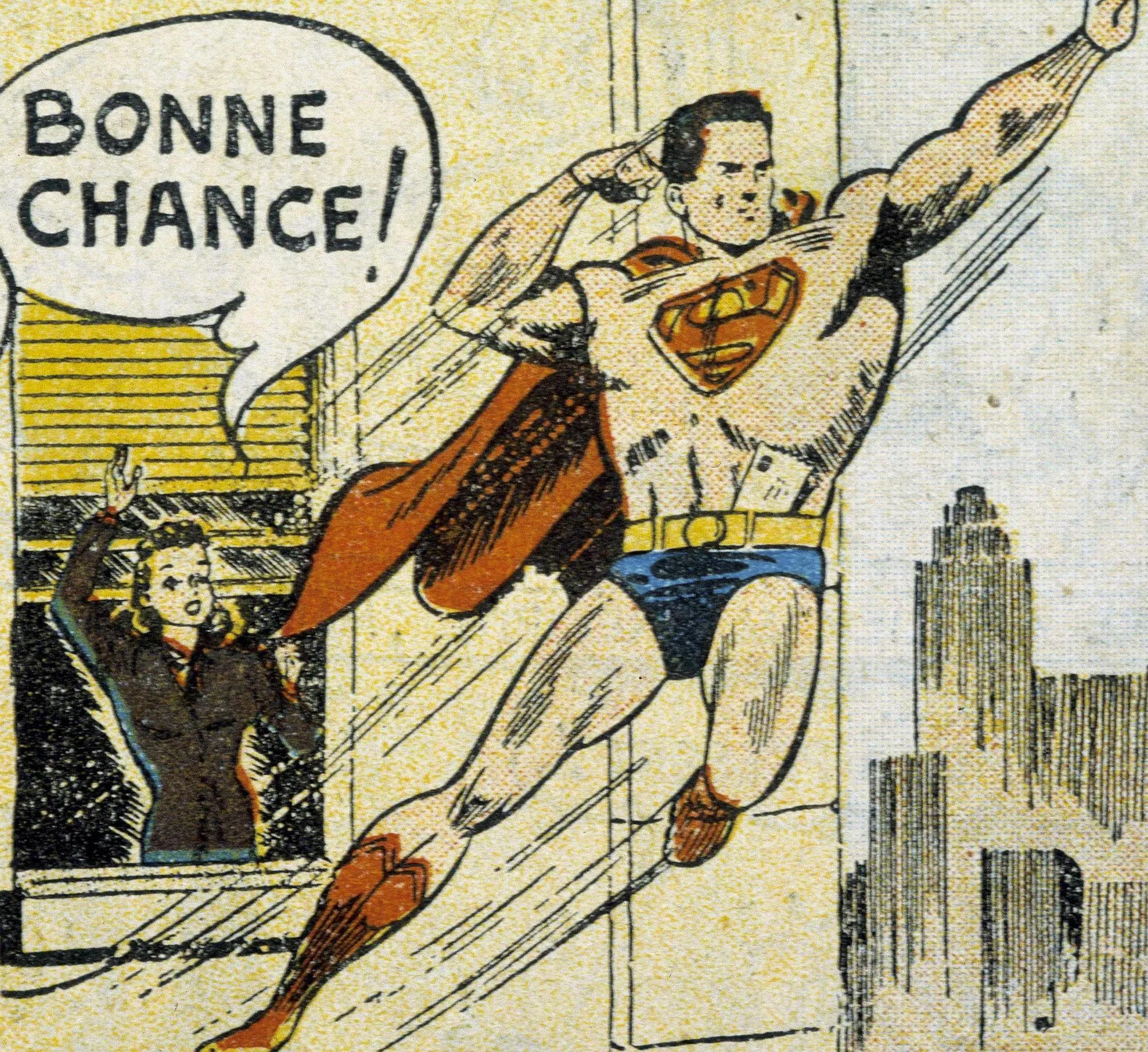 Illustration vintage de Superman décollant, une femme lui souhaite bonne chance depuis une fenêtre.