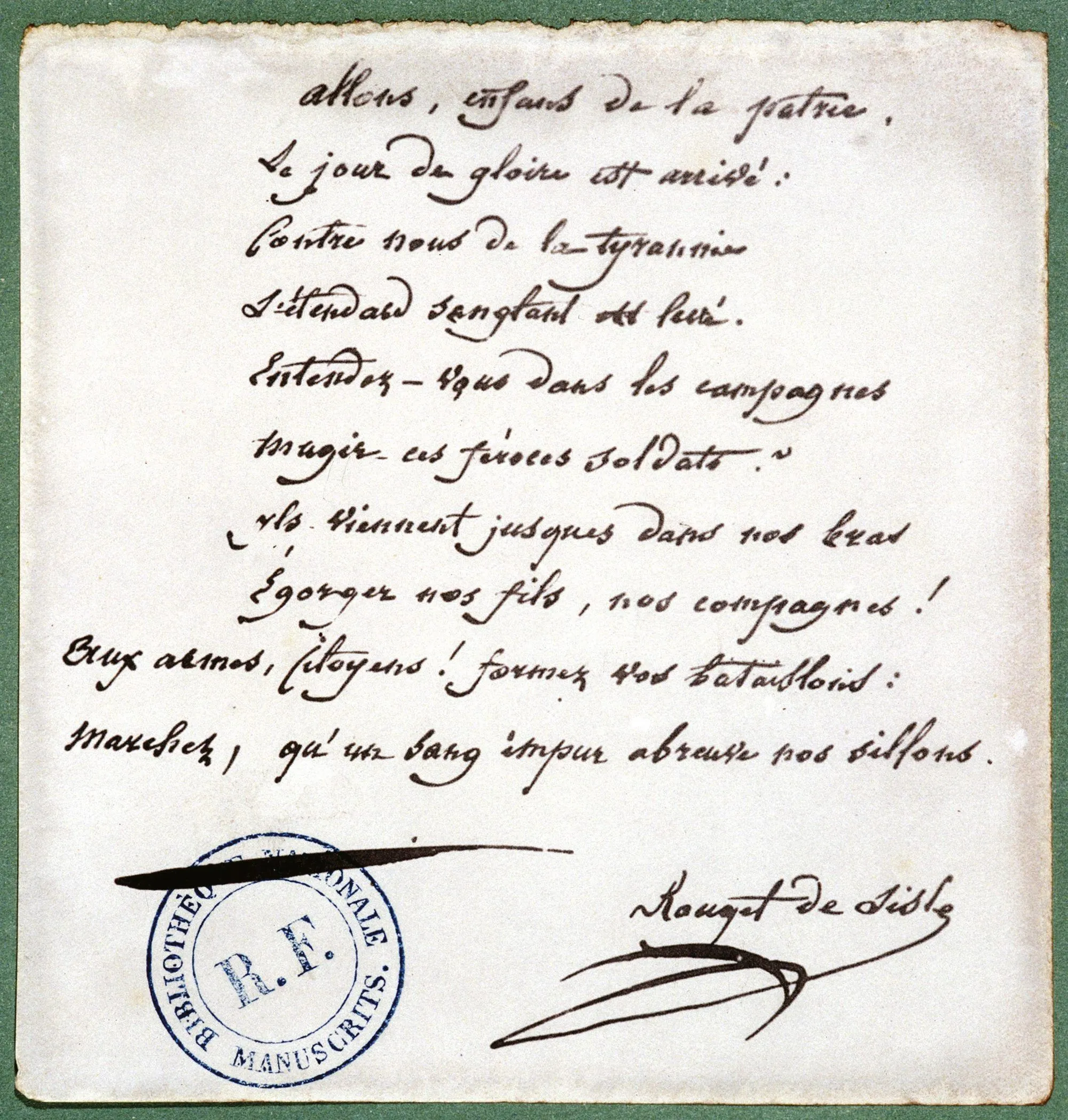 Reproduction d'une strophe de La Marseillaise manuscrite