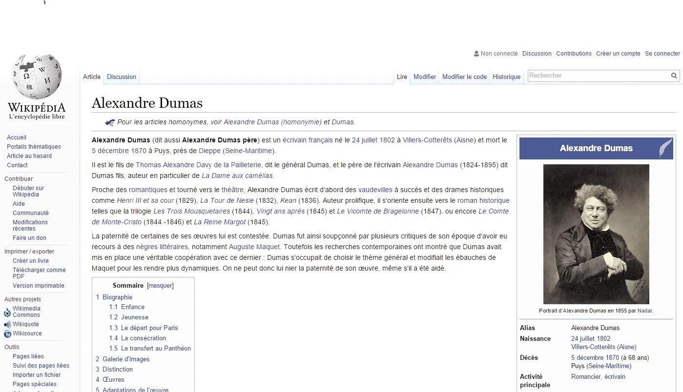 Page Wikipédia « Alexandre Dumas »