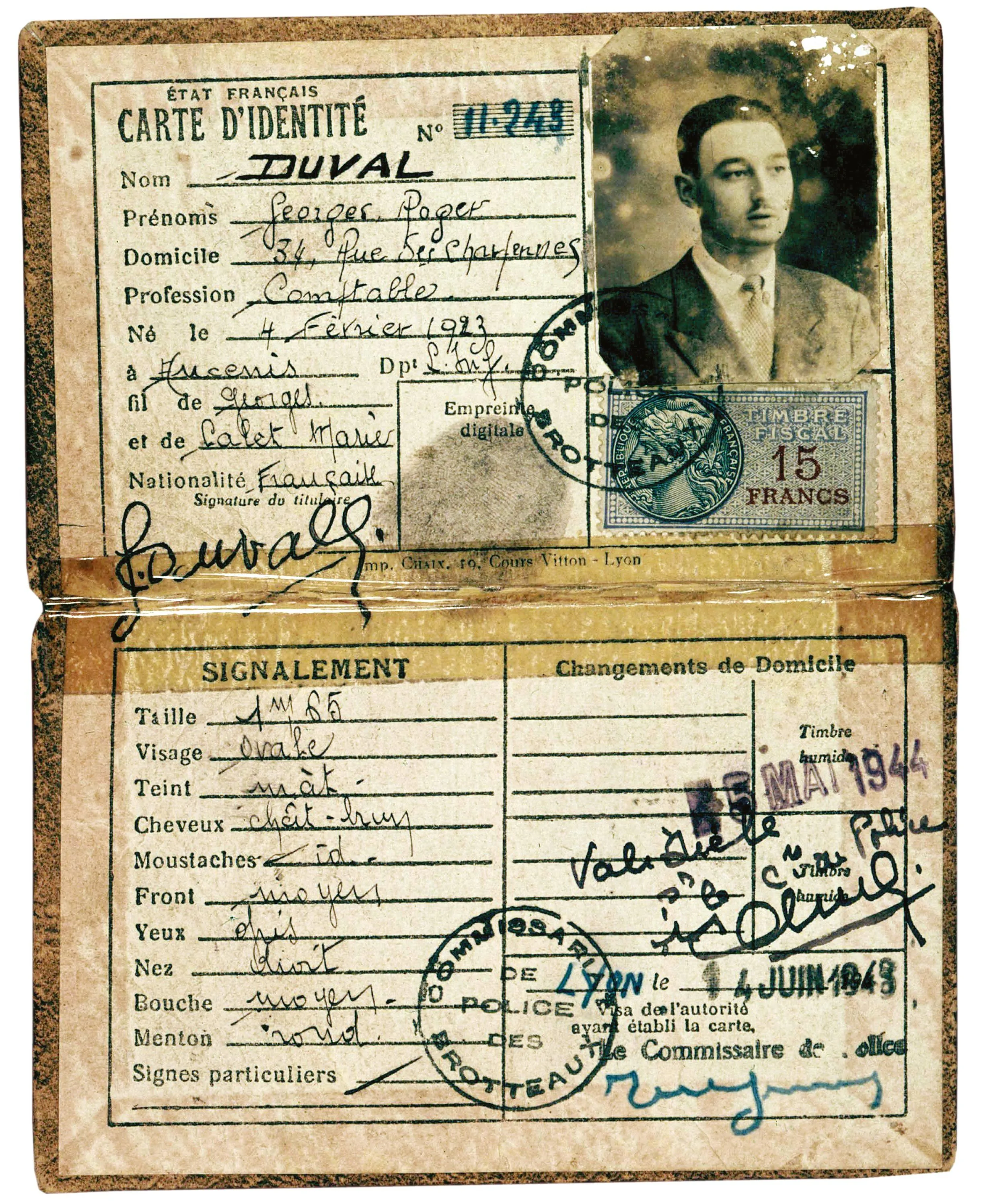  Fausse carte d'identité du résistant Roger Bosse, sous le pseudonyme de Georges Duval, Lyon, juin 1943.