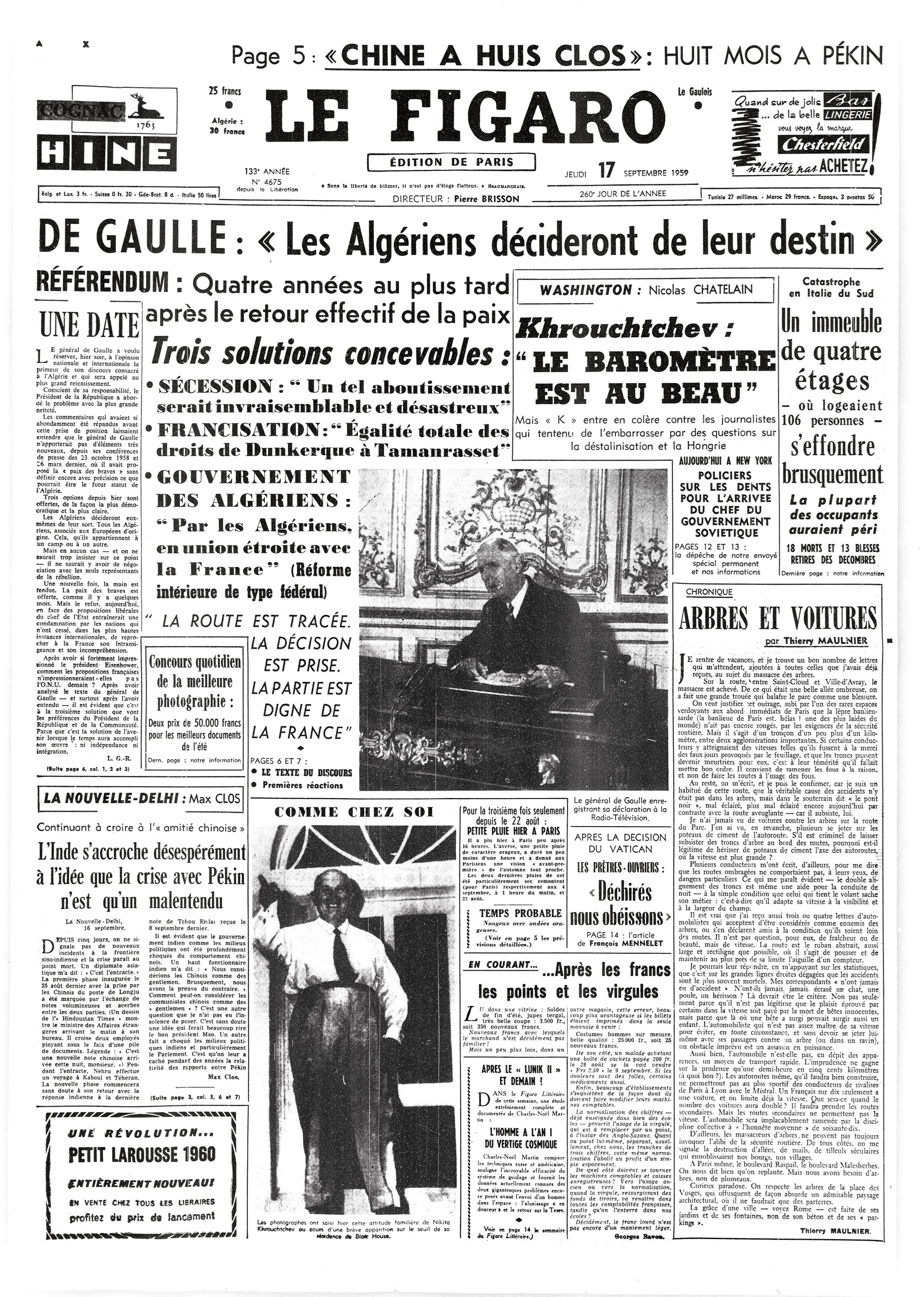 Le choix de l'autodétermination par De Gaulle, Le Figaro, 17 septembre 1959.