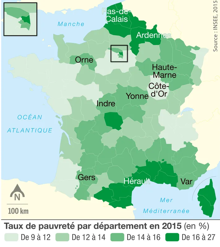 Carte : Taux de pauvreté par département en 2015