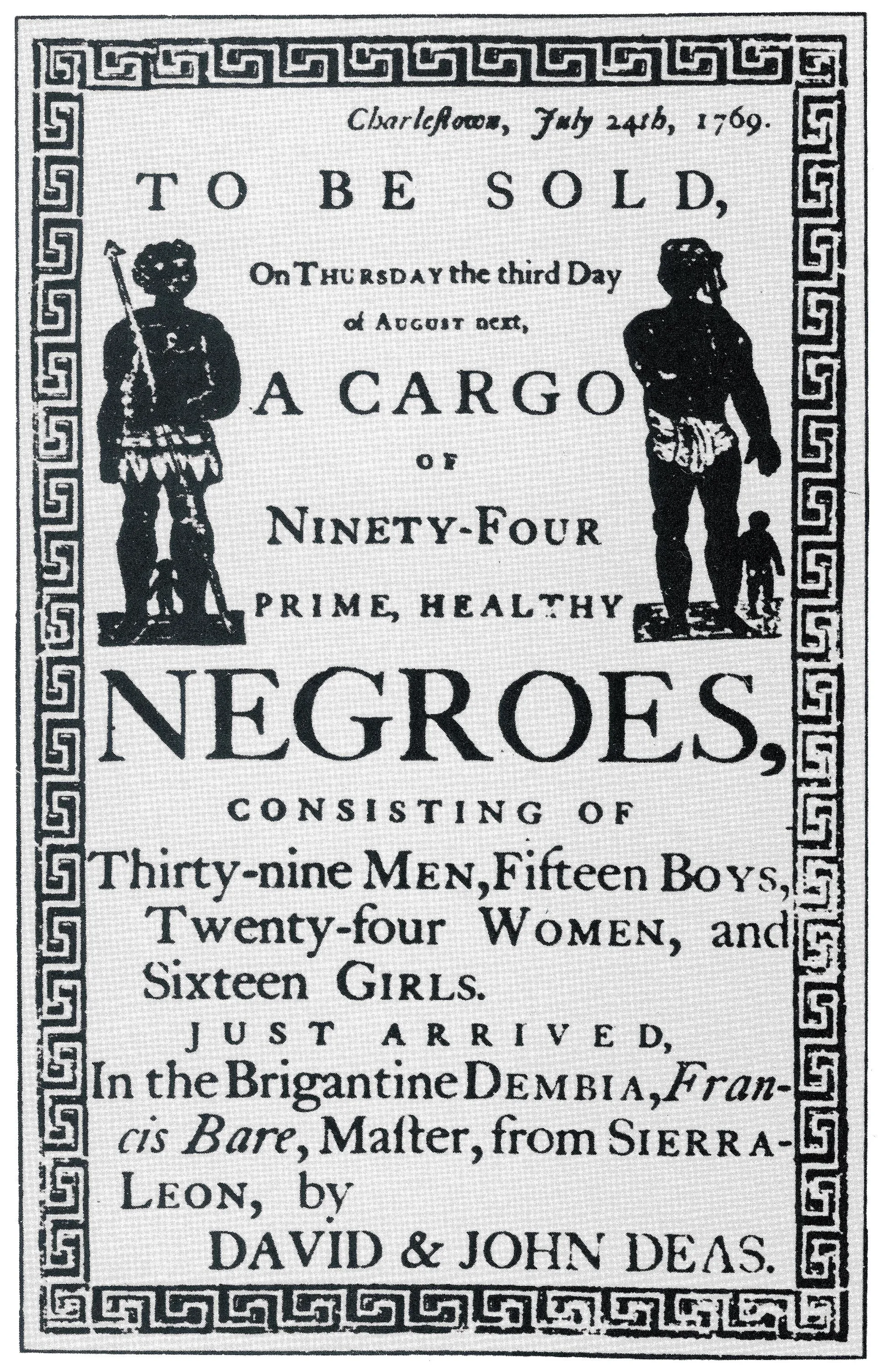 Annonce d'une vente d'esclaves à Charleston, 1769 (musée d'ethnographie de Genève).