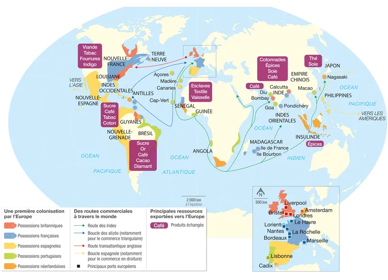 Doc. 1 : Carte des colonies et routes commerciales européennes au XVIIIe siècle