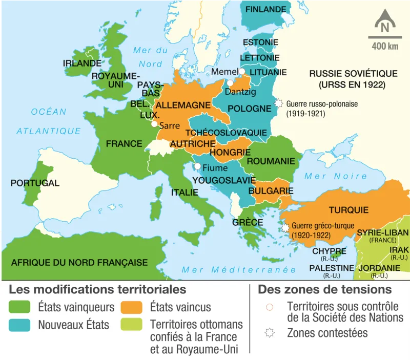 Carte sur les conséquences territoriales et géopolitiques : l'Europe en 1919.