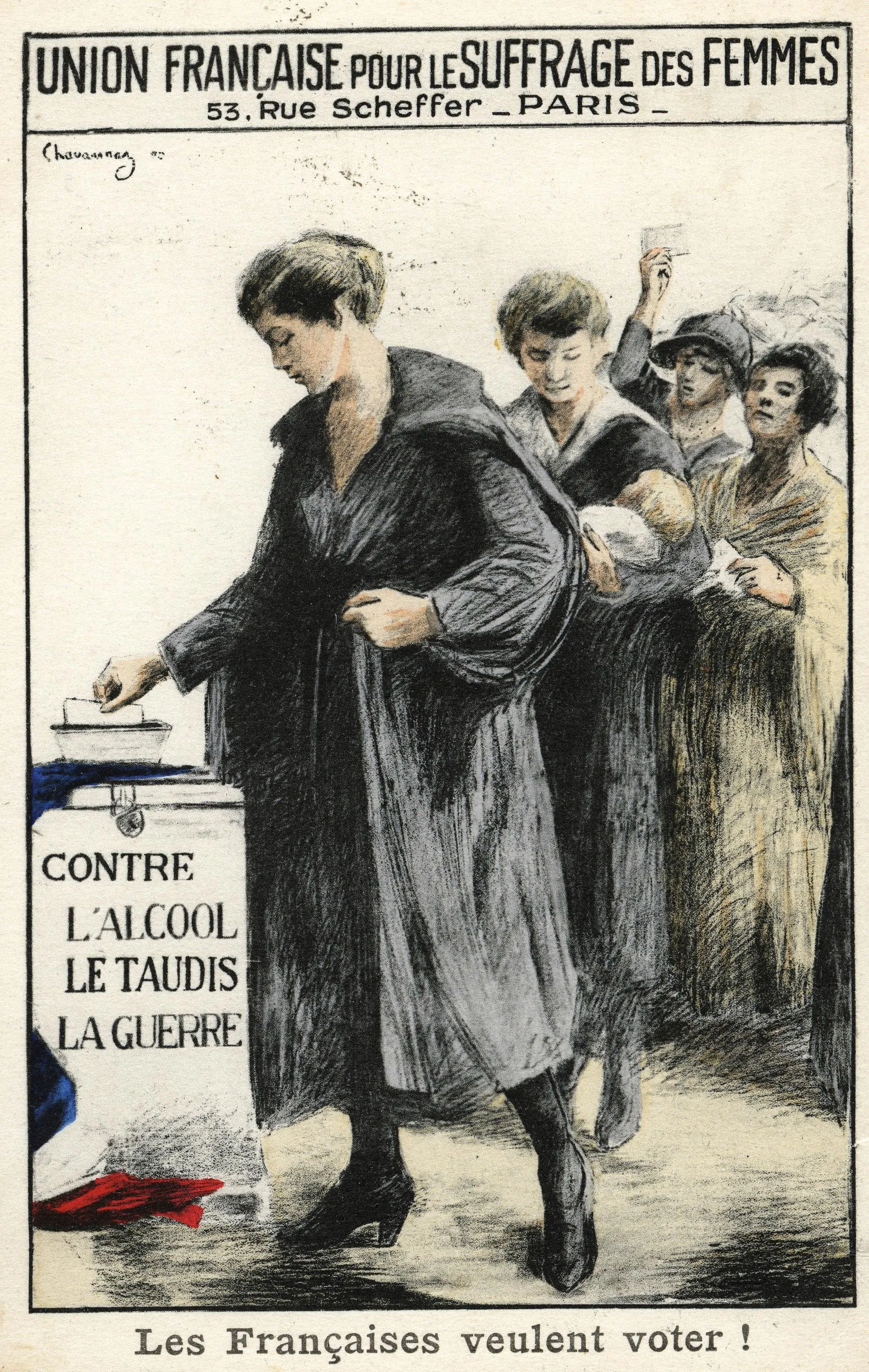 Union française pour le suffrage des femmes, illustration de Chavannas, carte postale, 1909