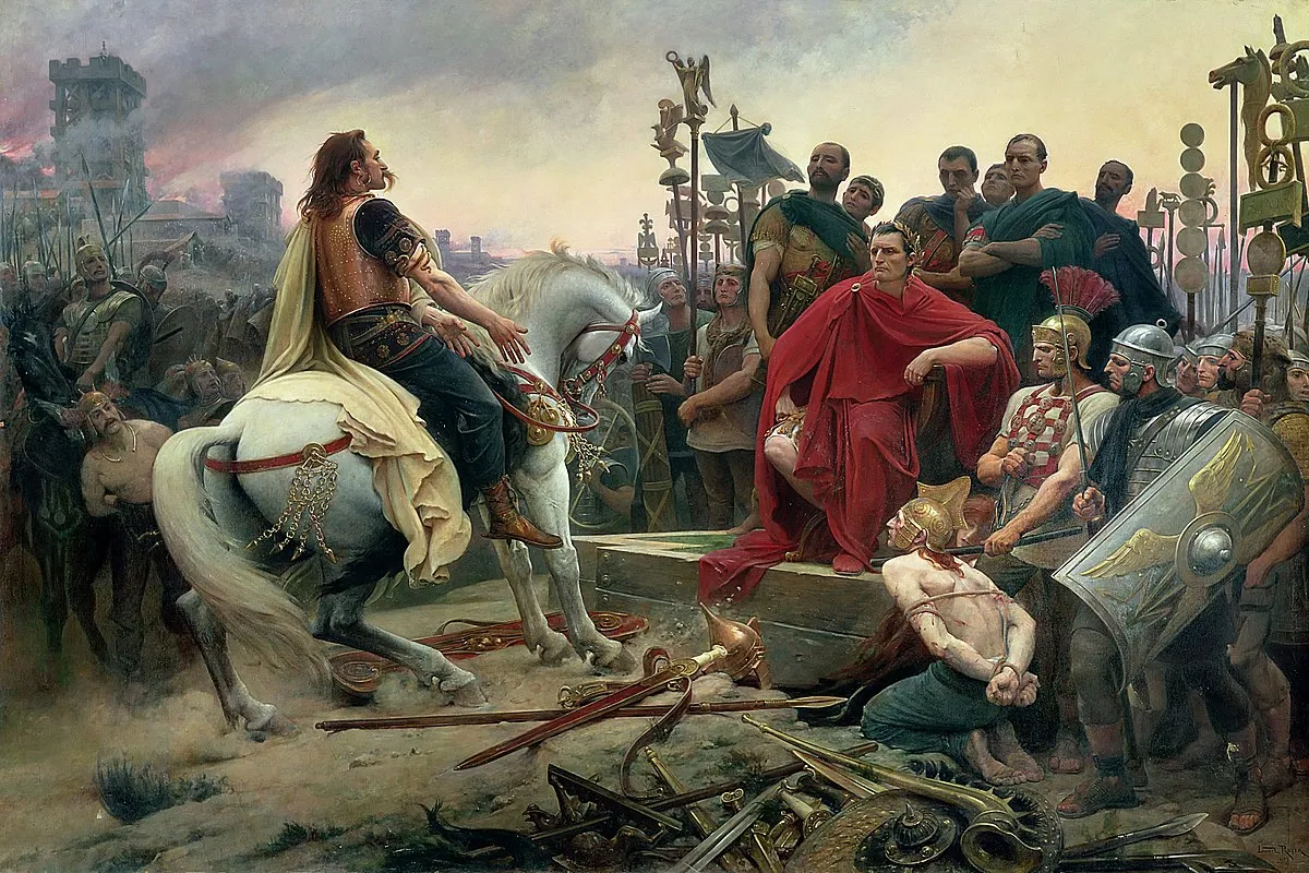 Peinture représentant Vercingétorix qui jette ses armes aux pieds de César après sa défaite à Alésia