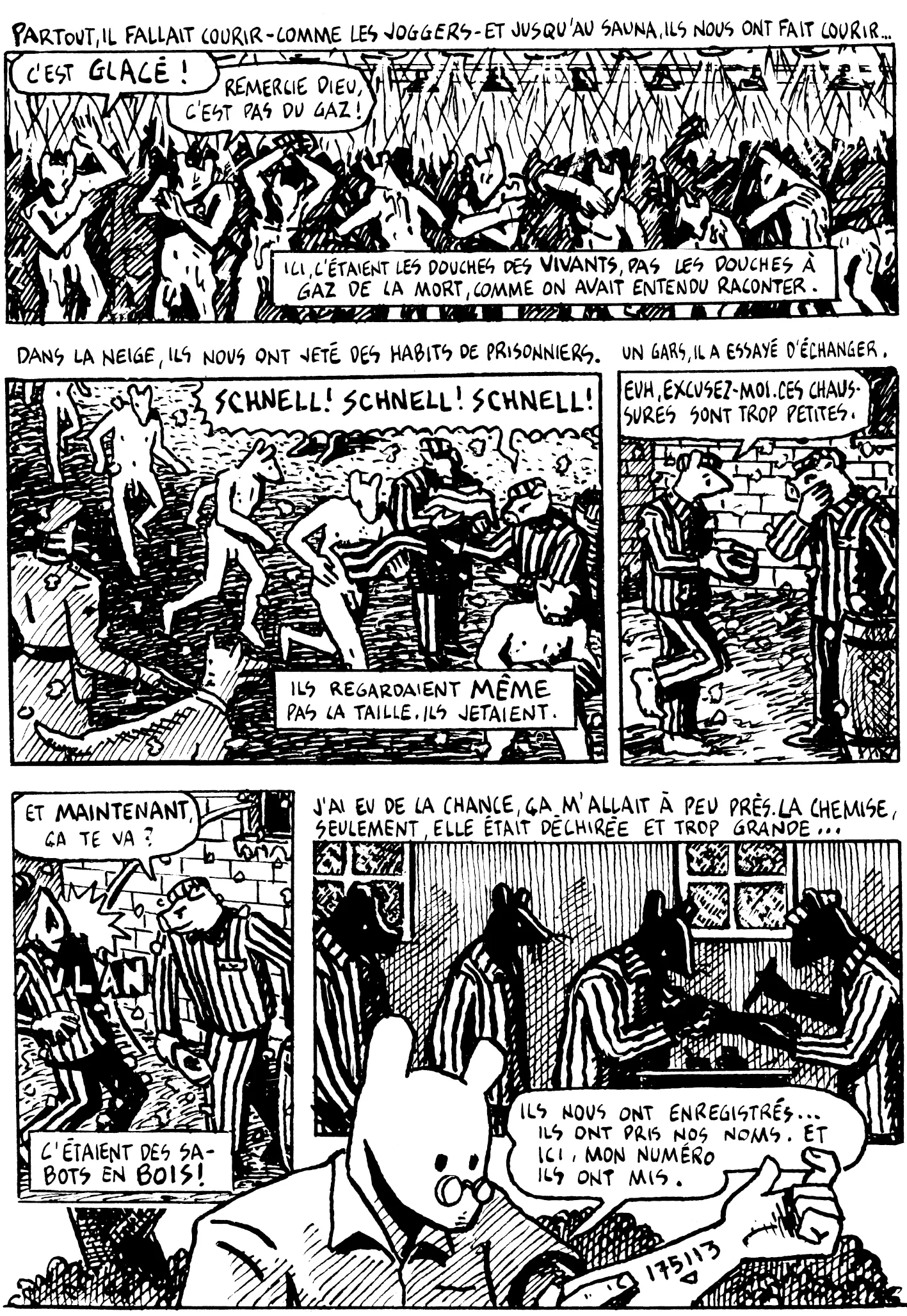 Bande dessinée, Maus tome 1, scènes de déportation: prisonniers nus sous la douche, puis habillés de vêtements trop grands, enregistrement des noms et numéros.